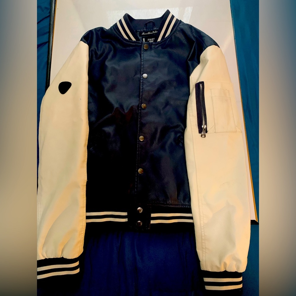 Fried Denim G NYC Navy Blue & White Faux Leather Varsity Bomber Jacket medium